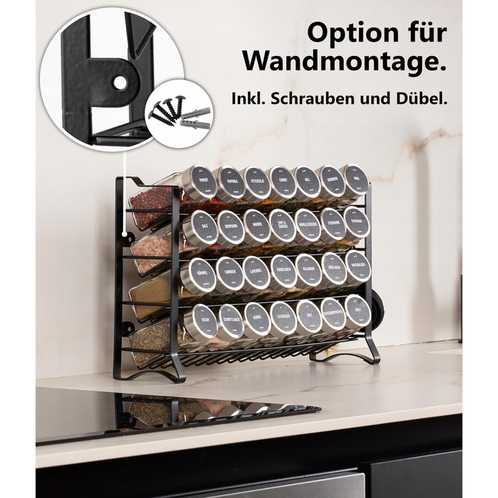 Organizer pentru condimente Deco Haus, set cu 28 borcane si etichete, 4 niveluri, multicolor