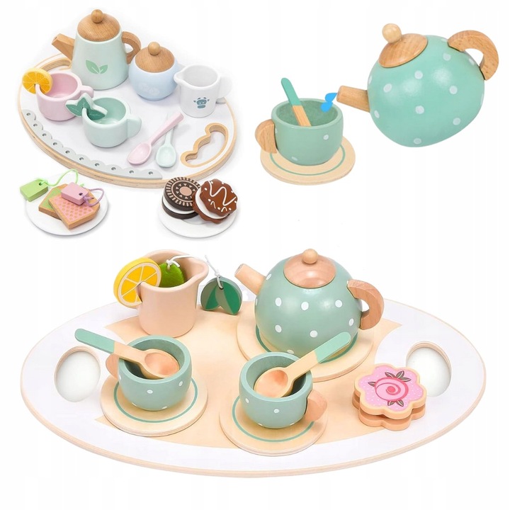 Set de joaca din lemn pentru ceai, 2 cani cu farfurii, tava, accesorii, culori pastelate, 3+ ani
