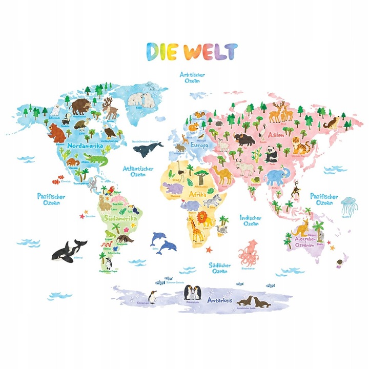 Deco-Wall Dekoratív Matrica Készlet, Világtérkép Állatokkal, Többszínű, 104x80cm