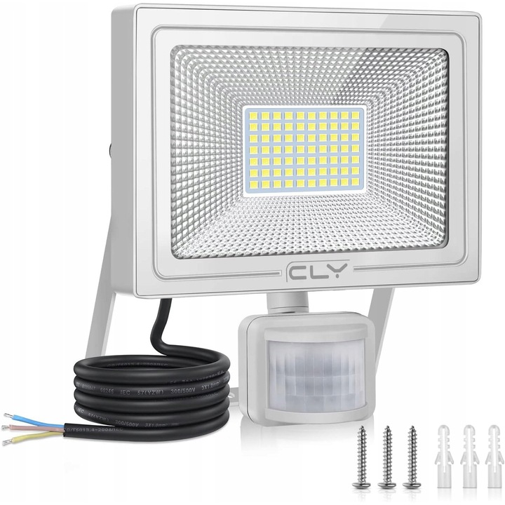 Proiector LED CLY 60W cu senzor de miscare, 5200LM, 6500K, IP66, alb