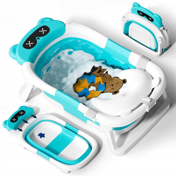 Сгъваема бебешка вана, 0-12 месеца, с поддържаща възглавница и подложка, синя