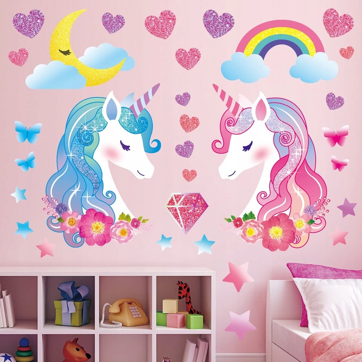 Deco-Wall set stickere decorative unicorni, roz, 28,7x20cm, pentru camera fetitei