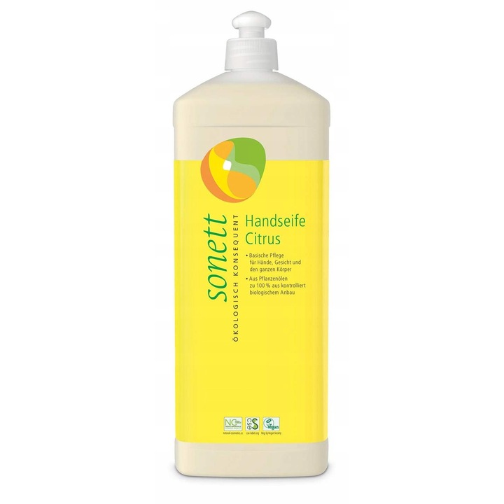 Sapun lichid Sonett, 1L, ingrijire maini, fata si corp, 9x6,5x27,5cm, citrice