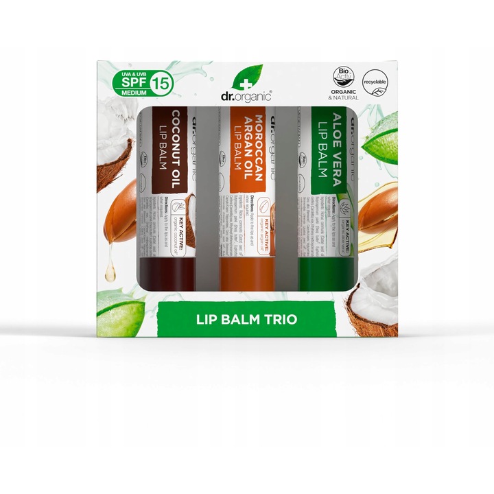 Ajakszett, Dr Organic, SPF 15, aloe, argán, kókusz, 5.7 ml