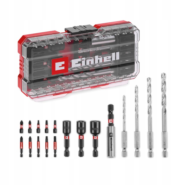 Einhell 18 részes tartozékkészlet, 25 mm-es és 50 mm-es bitek, dugókulcsok, fémfúrók, tárolódoboz