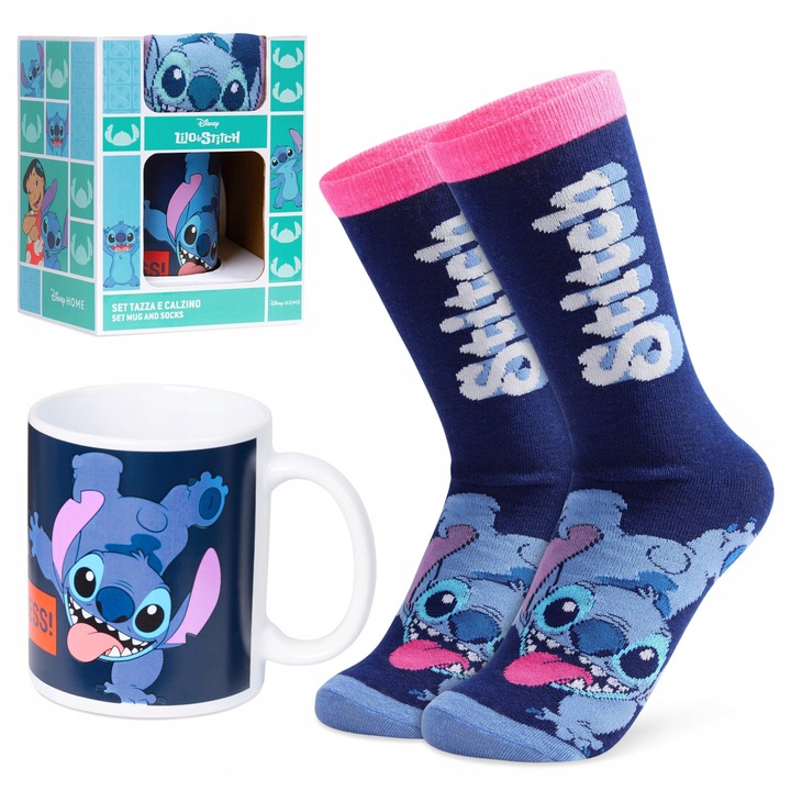 Ajándék szett, Disney, Stitch design, 312 ml-es kerámia bögre és női zokni, kék, univerzális méret