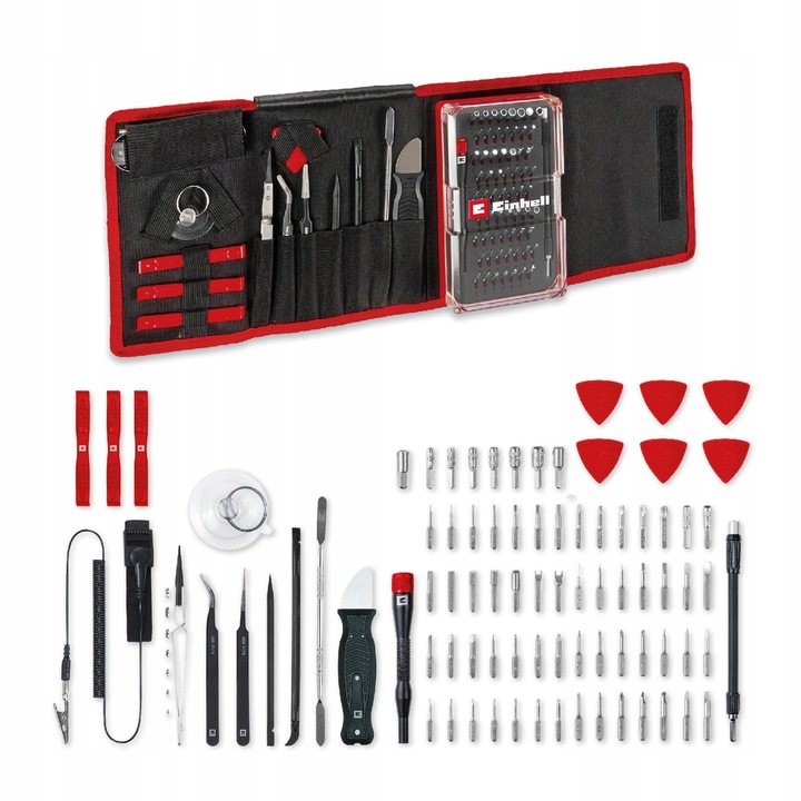 Set de unelte Einhell 84 piese pentru electronica, biti de precizie, extensie flexibila, geanta de depozitare