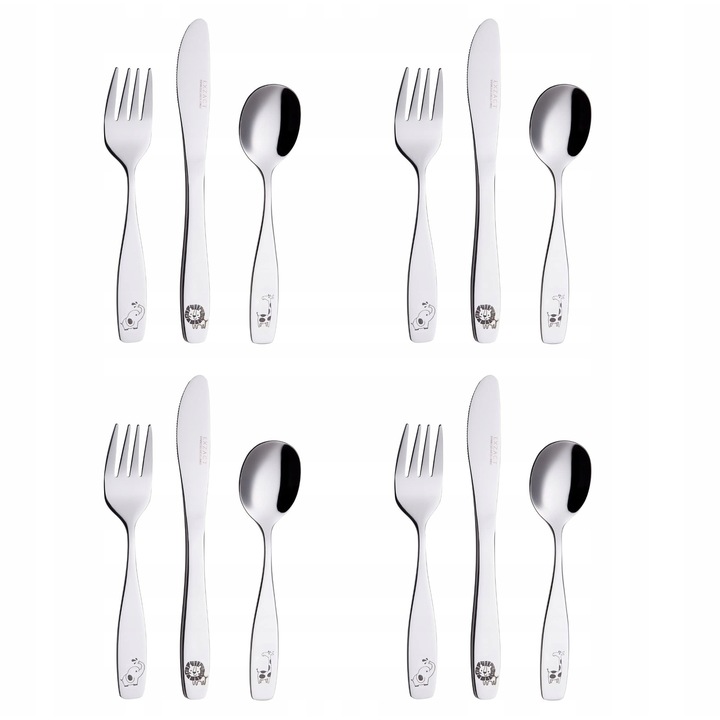 Комплект прибори за хранене за деца Exzact, 12 части, неръждаема стомана, Safari, 4 вилици, 4 безопасни ножа, 4 лъжици