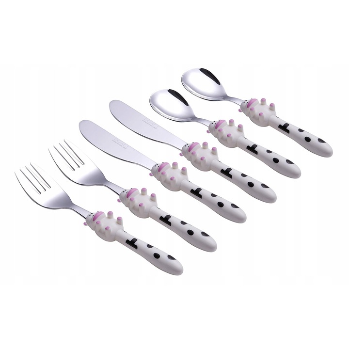 Комплект прибори за хранене от 6 части за деца, Exzact, неръждаема стомана, 2 вилици, 2 безопасни ножа, 2 лъжици, модел крава