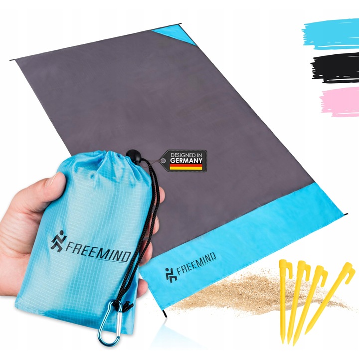 Patura picnic FreeMind ultralega, compacta, waterproof, 140x200 cm, set cu 4 cuie si carabina