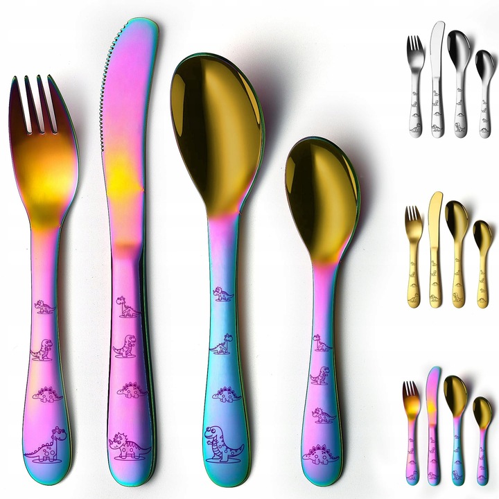 Комплект прибори за хранене за деца, 4 части, неръждаема стомана, дизайн на динозавър, многоцветен
