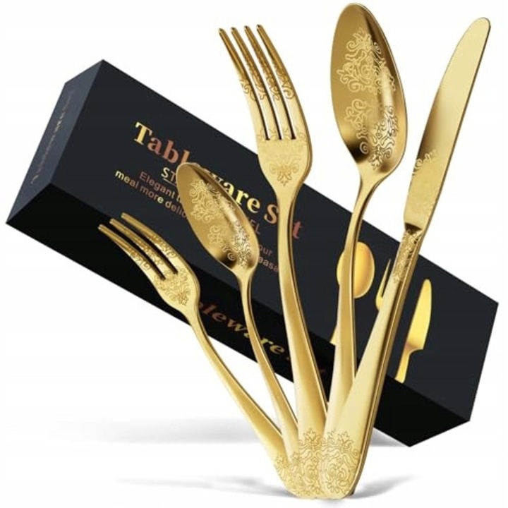 Комплект прибори за хранене от 30 части, елегантен златист дизайн, неръждаема стомана, за 6 души