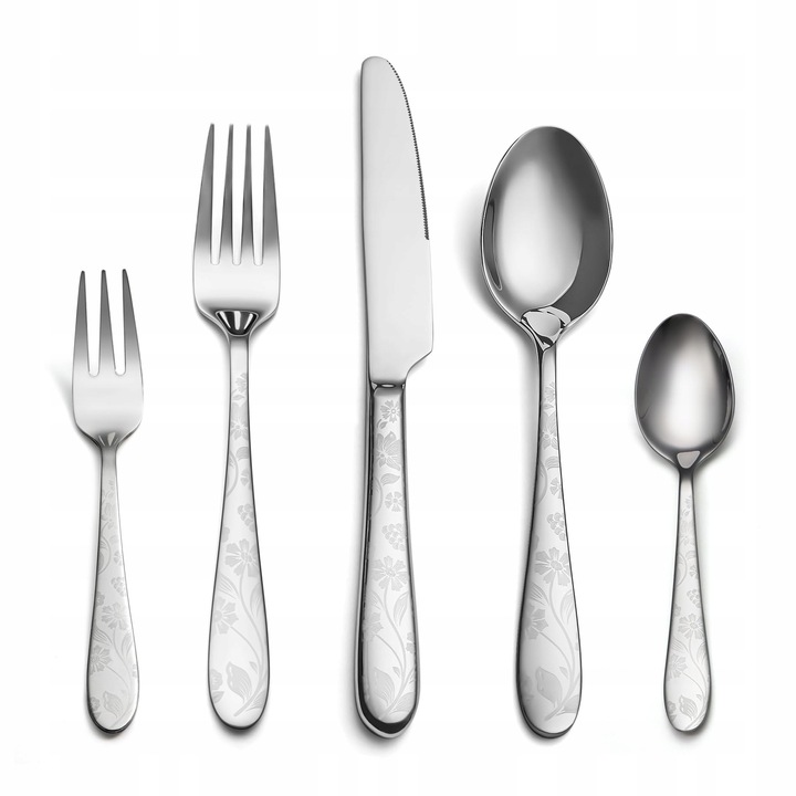 30 darabos evőeszközkészlet, rozsdamentes acél, virágmintás, 6 személyes, mosogatógépben mosható