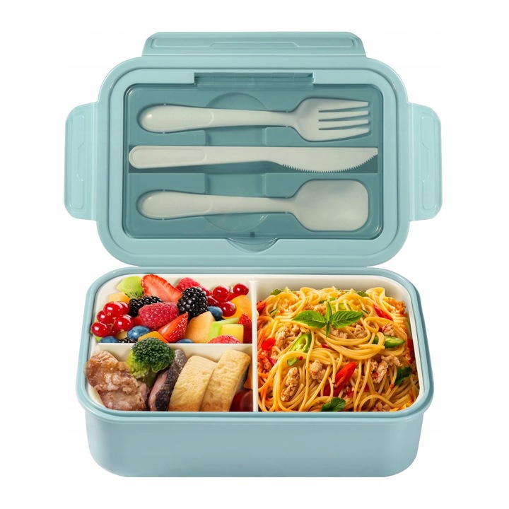 Bento uzsonnás doboz 1400 ml-es, rekeszekkel, felnőtteknek és gyerekeknek, mikrohullámú sütőben használható, kék
