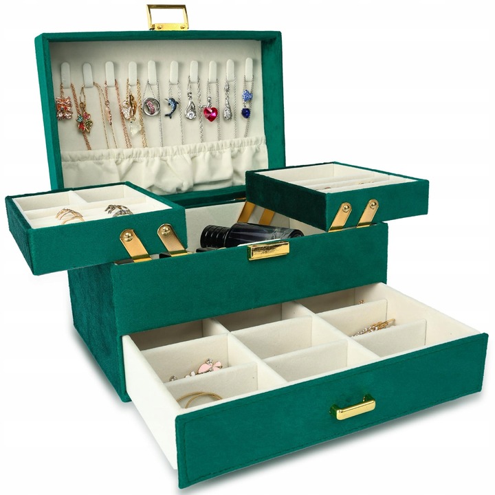 Cutie bijuterii, 3 niveluri, verde, 23x16x14,5cm