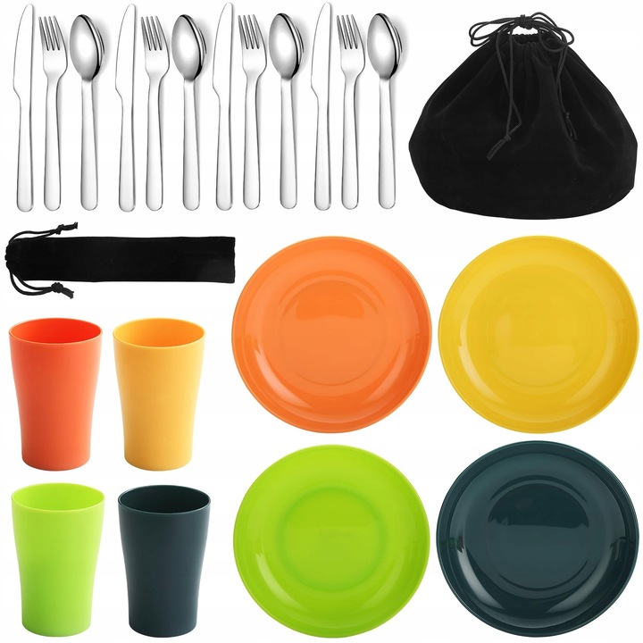 Set de vase camping Evanda 20 piese pentru 4 persoane, cu cupe, farfurii si tacamuri din otel inoxidabil, negru