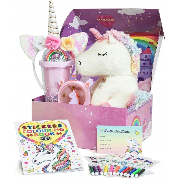 Set jucarii de plus pentru fetite, Tacobear, unicorn, lampa nocturna roz, cana, bijuterii, carte de colorat, 3-8 ani