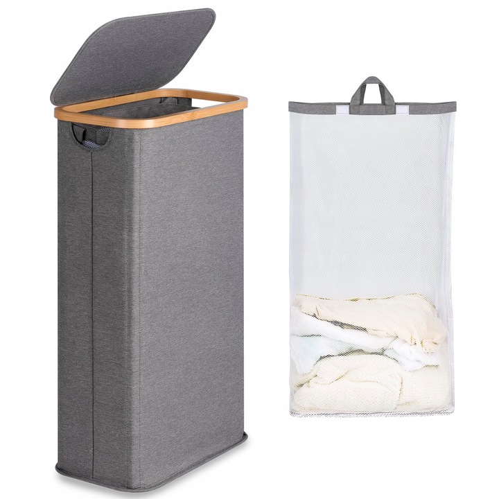 Cos de rufe 63L, pliabil, cu capac si manere din bambus, gri, dimensiuni 41x22x70cm