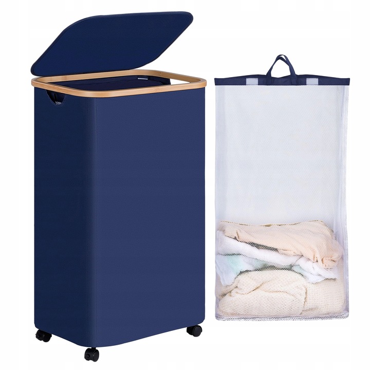 Cos pentru rufe, 100L, pliabil, cu roti, capac si sac, gri, 44x33x75cm