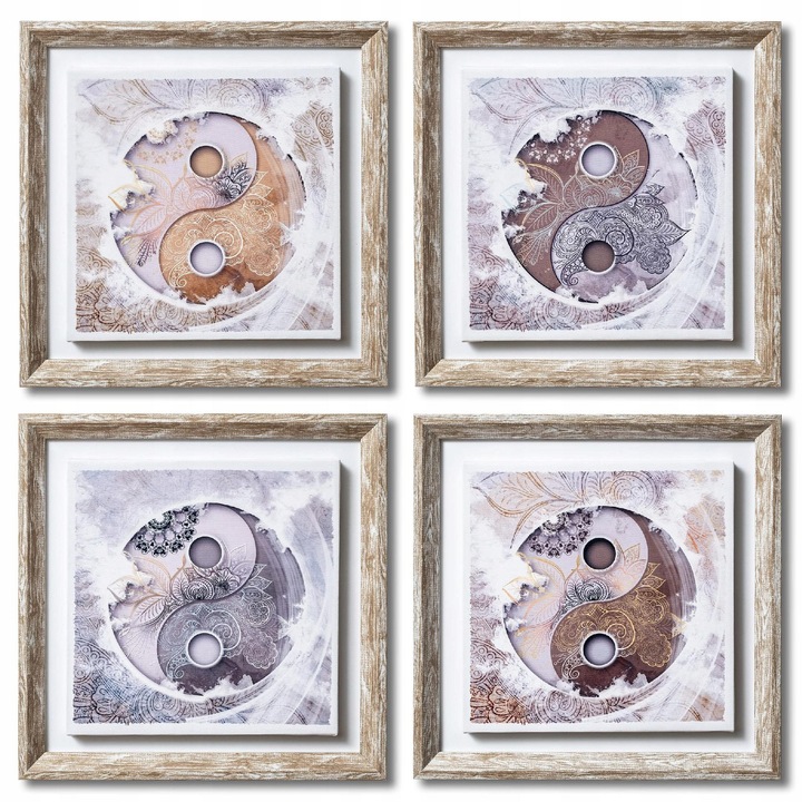 Tablouri DekoArte Ying Yang Mandala set 4 piese 30x30cm, stil Shabby Chic