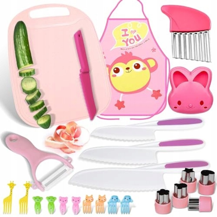 Set de cutite pentru copii, roz, 12 piese, cutite din lemn si plastic, accesorii pentru gatit