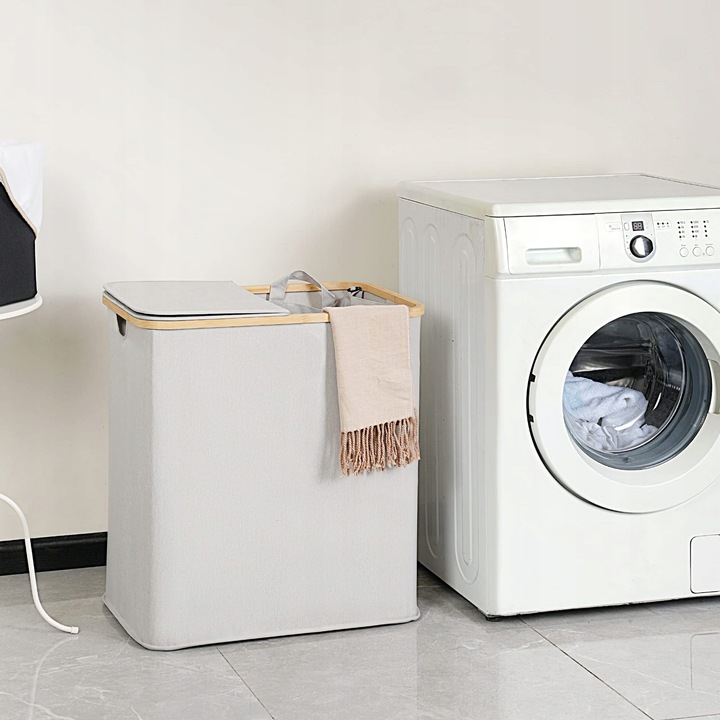 Cos pentru rufe, 2 compartimente, cu capac, gri deschis