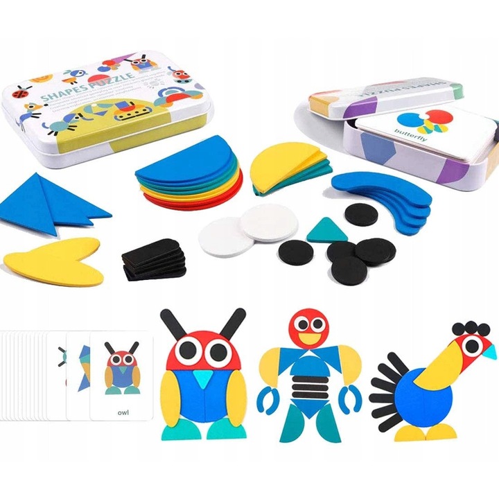 Montessori fa puzzle gyerekeknek 3+, 36 darabos készlet és 60 kártya, geometriai formák, sokszínű