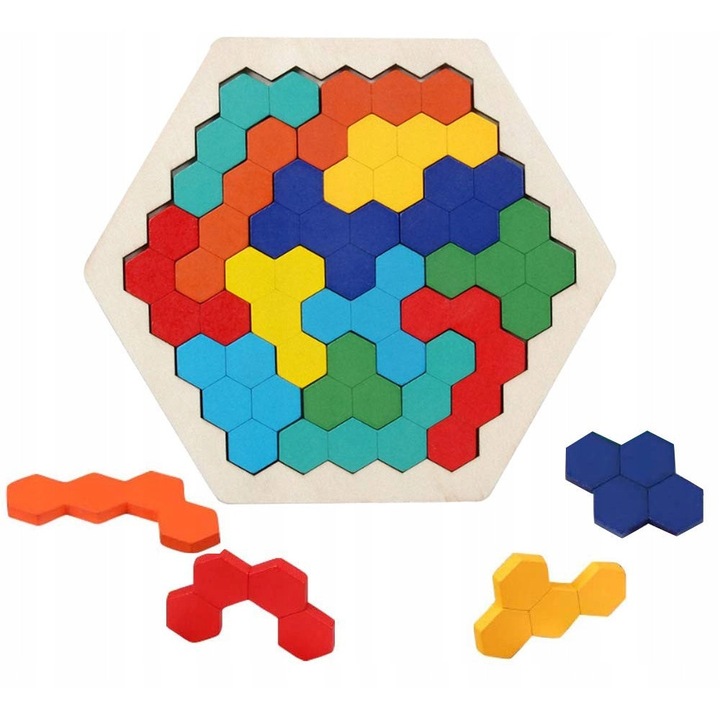Puzzle Hexagon, 14 blocuri, 7 culori, educational, pentru toate varstele