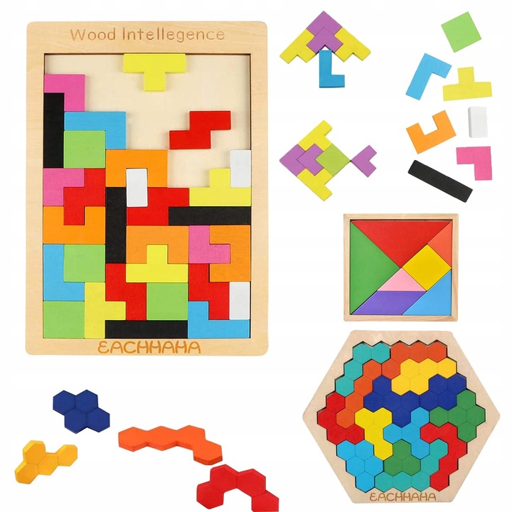Puzzle Montessori 3 in 1, 4+, din lemn, dezvolta imaginatia si gandirea logica, multicolor