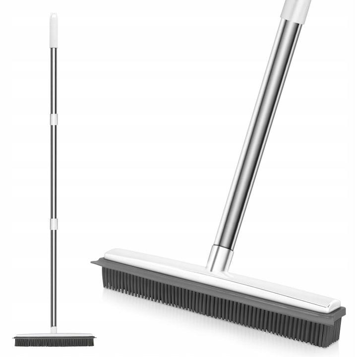 Miotla gumowa pentru indepartarea parului de animale, 78,9x114,7cm, alb, set cu maner ajustabil