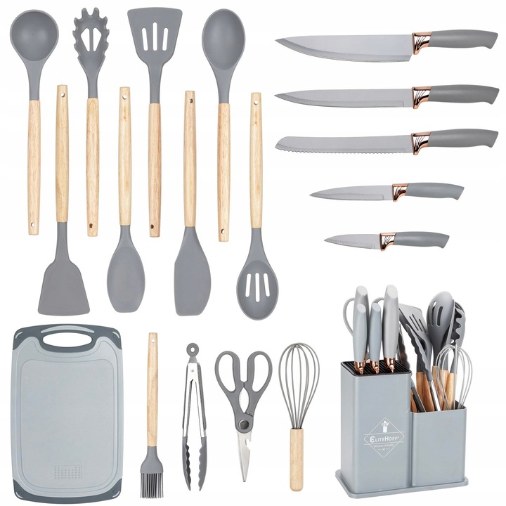 Set de cutite Elitehoff 19 elemente, gri, cu suport si tocator