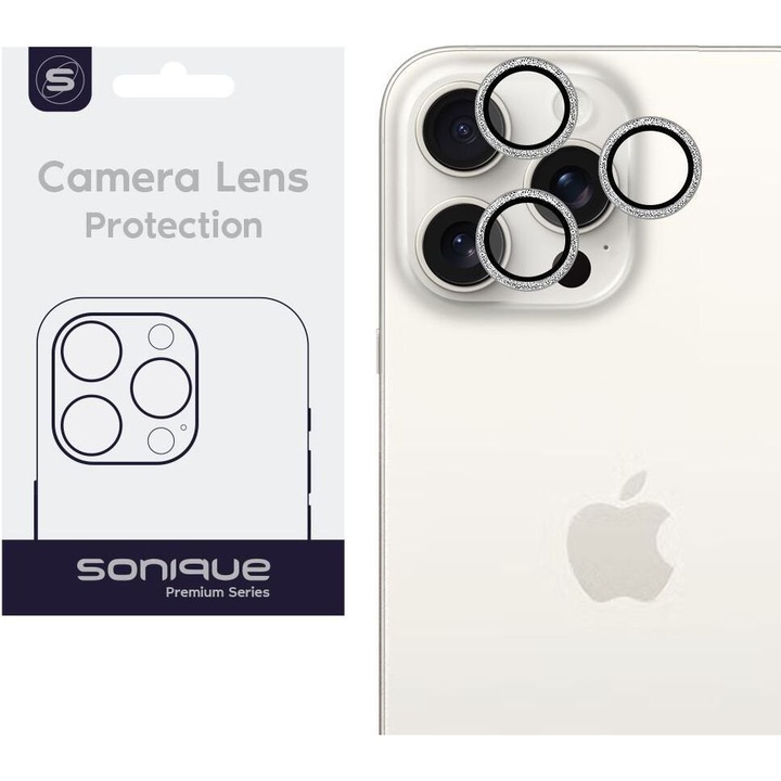Folii protectie telefoane Sonique Glitter Lens Pro, alb titanium, 95% diaphaneitate, antikradasmic, set