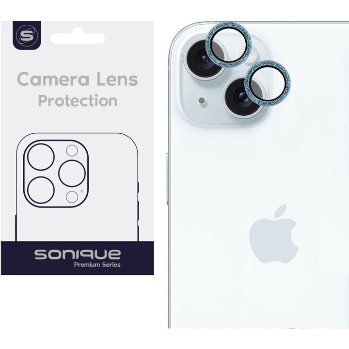 Folii protectie Sonique Glitter Lens Pro, 95% transparenta, antichipuri, albastru, pentru iPhone 15 / iPhone 15 Plus