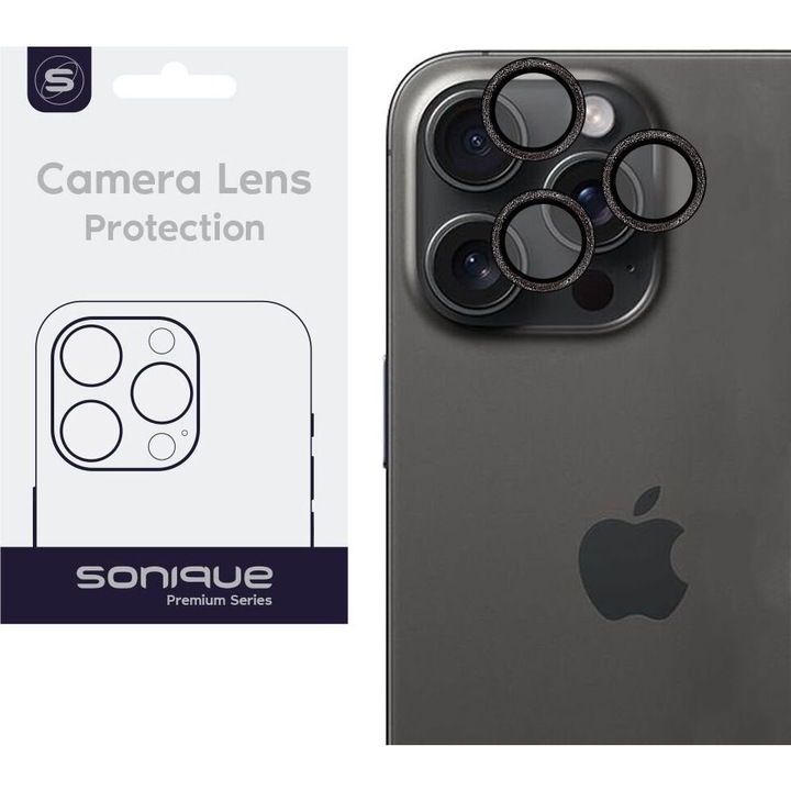 Folii protectie telefoane Sonique Glitter Lens Pro, 95% diaphaneitate, antikradasmika, negru, pentru iPhone 15 Pro / iPhone 15 Pro Max