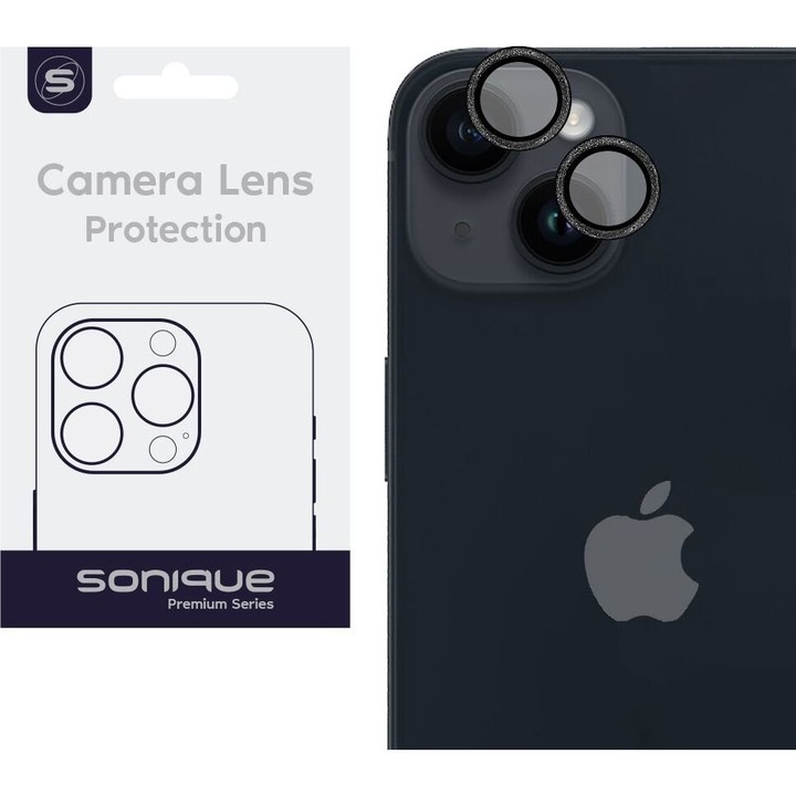 Folii protectie telefoane Sonique Glitter Lens Pro, 95% diaphaneitate, antikradasmike, negru, pentru iPhone 14 / iPhone 14 Plus