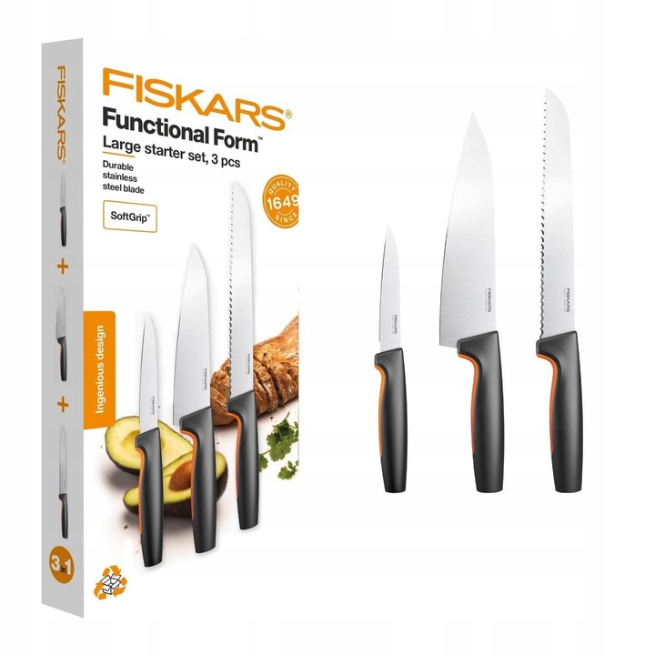 Set de cutite Fiskars, 3 piese, Functional Form, otel japonez, plastic