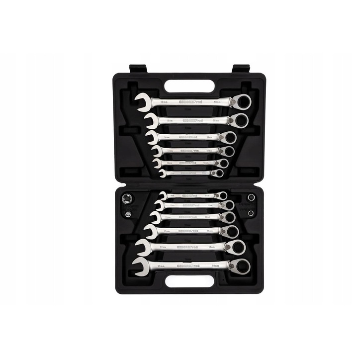 GEDORE racsnis kulcskészlet, 16 részes, 8-19 mm, adapterrel, matt felület, bőröndben rendezve