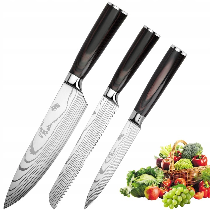 Set de cutite 3 piese cu maner din lemn inox carbon, cutit de bucatarie, cutit de paine, cutit universal