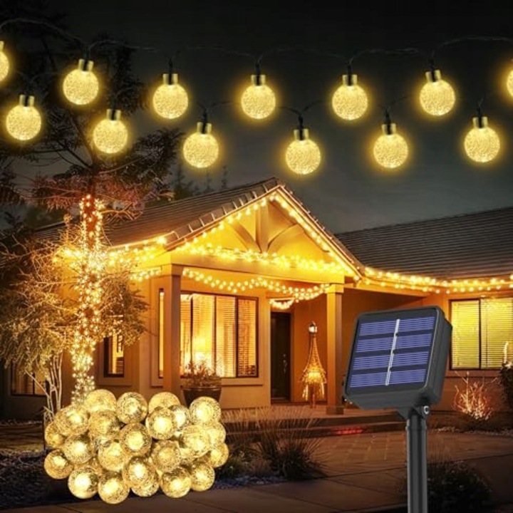 Lant luminos solar 30 LED, 8,1m, alb cald, rezistent la intemperii, pentru exterior