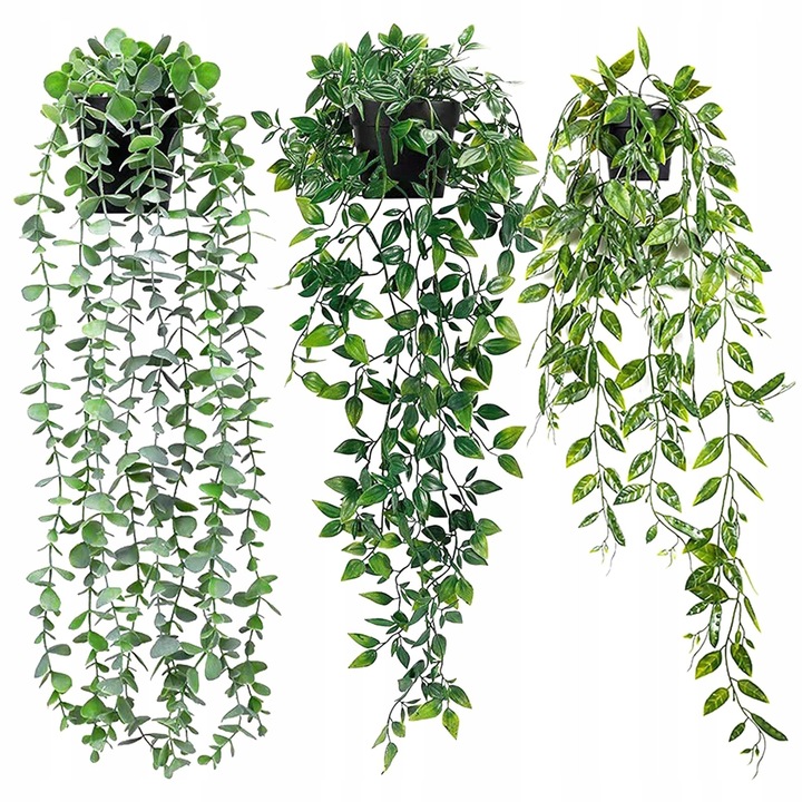 Set 3 plante artificiale, eucaliptus, gros peste de zapada, mandala, 55-80 cm, pentru interior si exterior