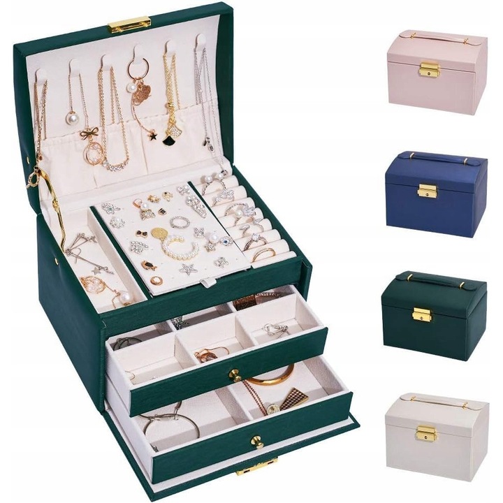Cutie bijuterii, 2 sertare, 3 niveluri, verde inchis, 17.5x13.5x14cm, set