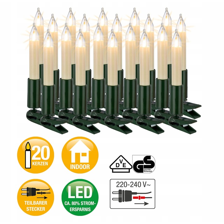 LED гирлянд за елха, 20 топли LED-а, 1330 см, зелен кабел, за интериор