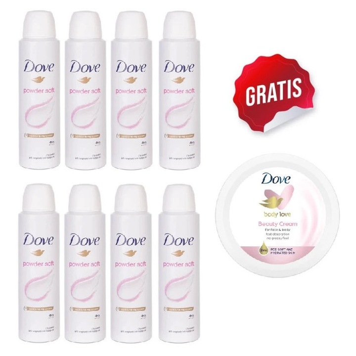 Pachet promo 8 X Deo Dove Powder Soft 150ml+ GRATIS Crema Corp Dove Beauty Cream 75ml