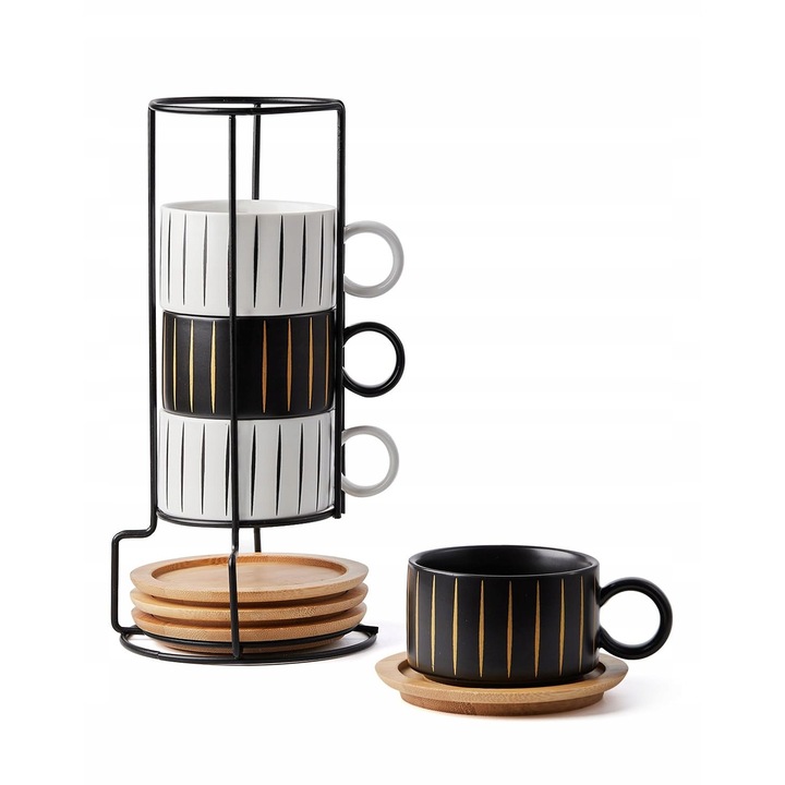 Set cani ceramice HOME DECOR 4x180ml cu suport, pentru cappuccino, espresso, latte, multicolor