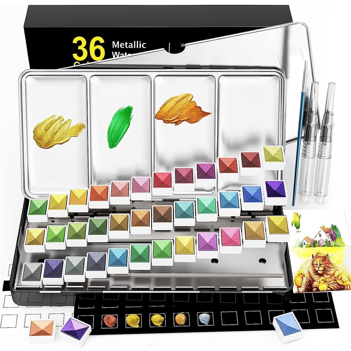Set acuarele metalice Ratel, 36 culori, non-toxic, ambalaj portabil