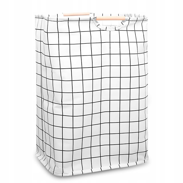 Cos pentru rufe pliabil, 39x53x27 cm, negru-alb, cu manere din lemn, set multifunctional