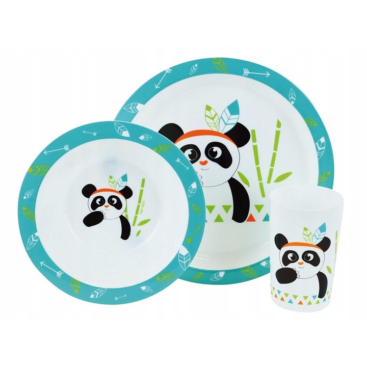 Set de masa pentru copii Fun House, Panda, taler 22cm, mana 16cm, pahar 220ml