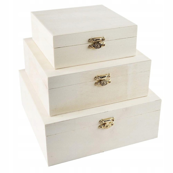 Cutii depozitare din lemn, set 3 bucati, cu capac, dimensiuni diferite, metalic, 20x20x8cm, 17x17x6,5cm, 13,8x13,8x5,2cm