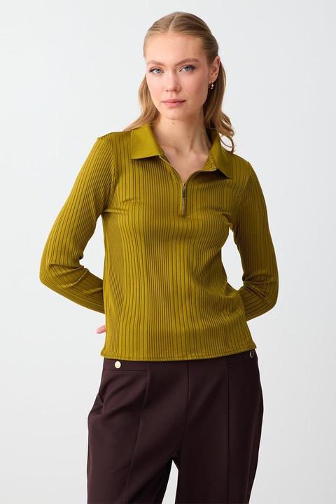 JIMMY KEY, Bluza polo cu fermoar scurt, Verde masliniu