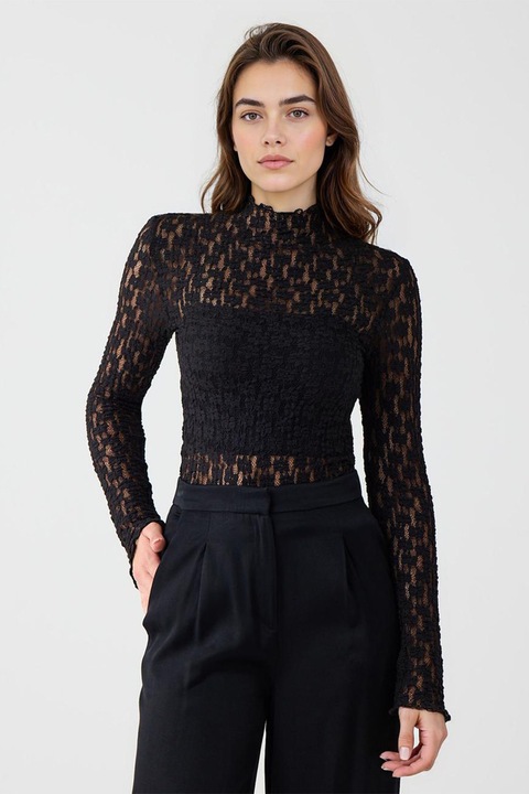 JIMMY KEY, Bluza transparenta din dantela cu guler scurt, Negru